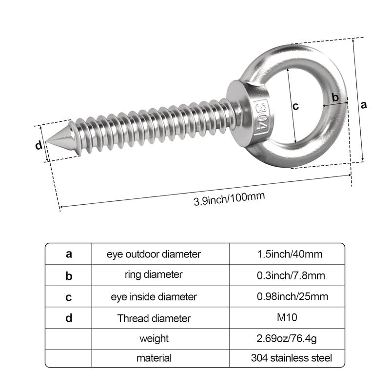 KIBBEH 4-Inch M10 Heavy Duty Eye Hooks, 304 Stainless Steel Self Tapping Eyelet Screw – 700LBS Load Capacity for Secure Hammock, Swing Chair, & Yoga Use (2 Pack) - Image 4